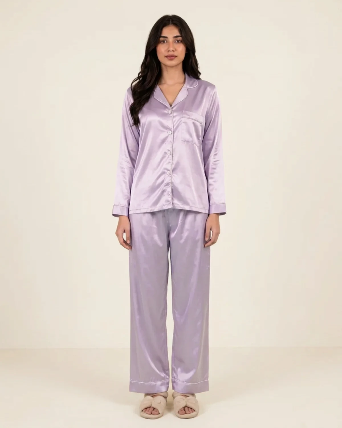 Lilac silk night suit with collared button-down top and baggy trousers